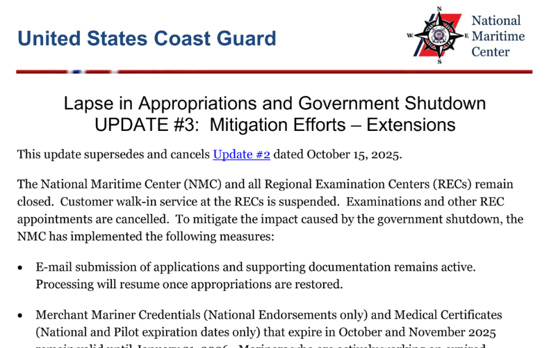 Coast Guard Mariner Credentialing Services Resume Following Government Shutdown