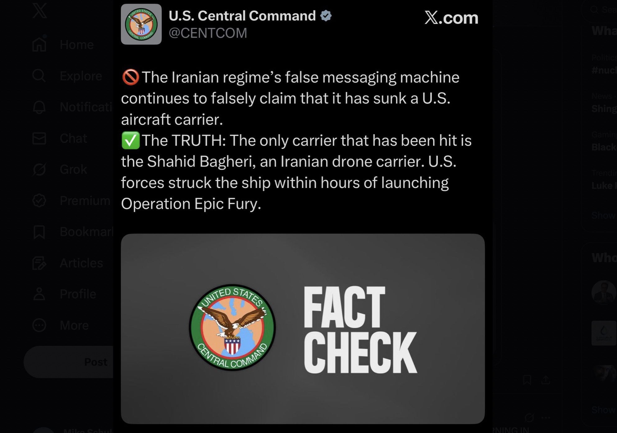 CENTCOM: US Forces Struck Iranian Drone Carrier Shahid Bagheri in Opening Hours of Iran Campaign