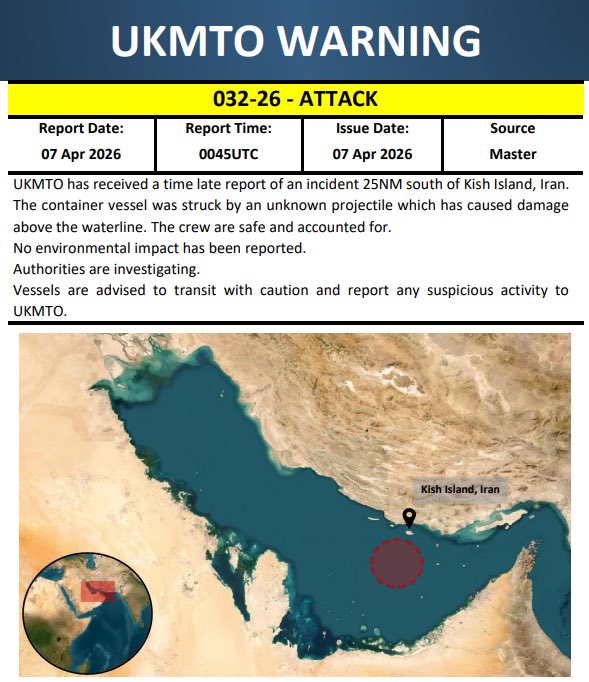 Container Vessel Hit by Projectile South of Iran’s Kish Island, Crew Safe, UKMTO Says photo