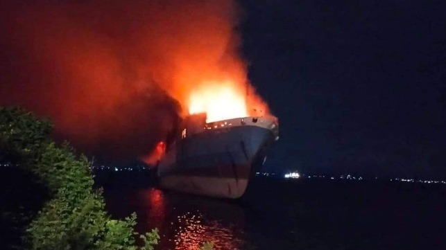 Fire Burns Through Grounded Ropax Ferry off Cebu