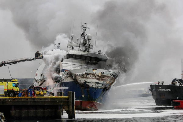 A ship with sailors caught fire off the coast of Indonesia