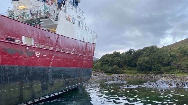 Well Boat Runs Aground in Rocky Channel Off Isle of Skye