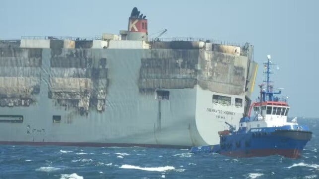 Dutch Salvors Begin Tow of Fire-Ravaged Car Carrier